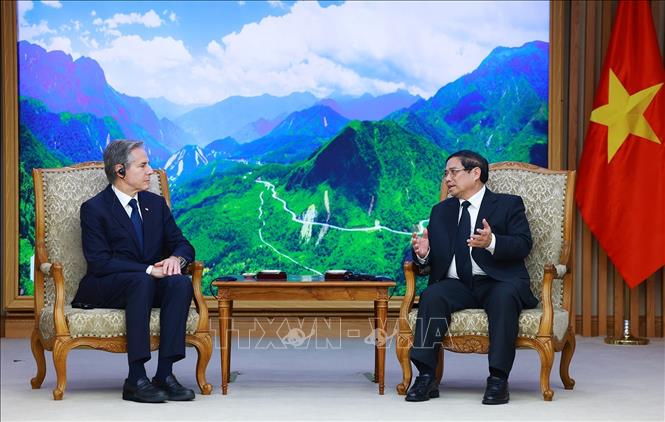 Thủ tướng Phạm Minh Chính tiếp Bộ trưởng Ngoại giao Hoa Kỳ Antony Blinken. Ảnh: Dương Giang-TTXVN
